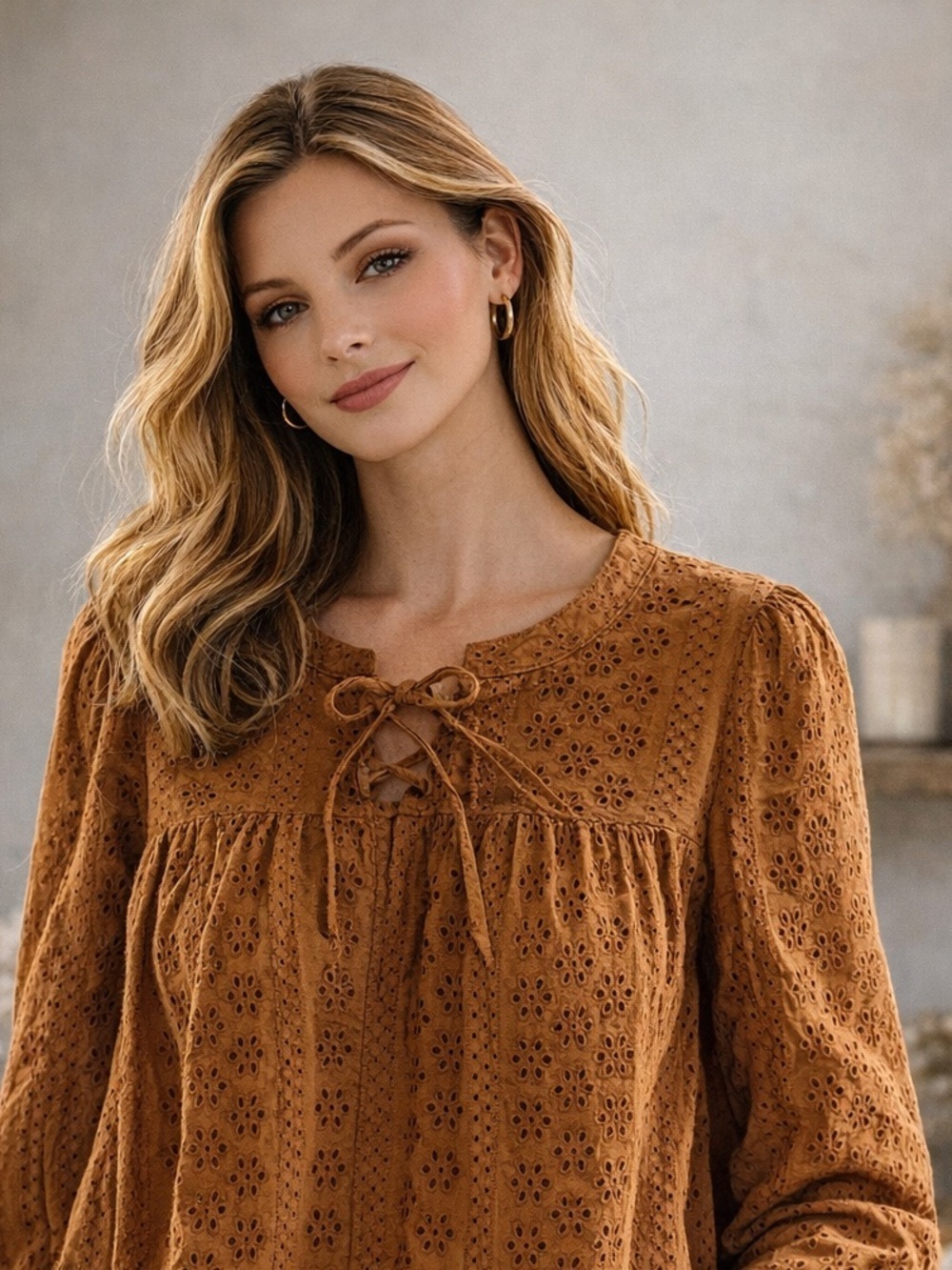 Madewell Eyelet Lace Tie-Neck Blouse | Rust Brown Boho Top Size M